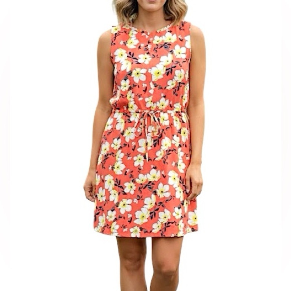 ESQUALO coral floral sleeveless split neck shift dress 6